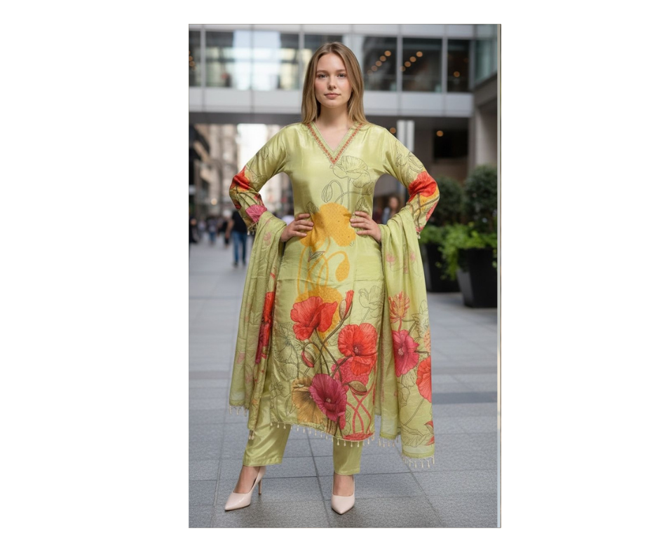Premium Sage Green Floral Printed Kurta Set with Dupatta for Women