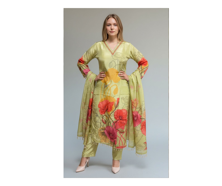 Premium Sage Green Floral Printed Kurta Set with Dupatta for Women - Image 5
