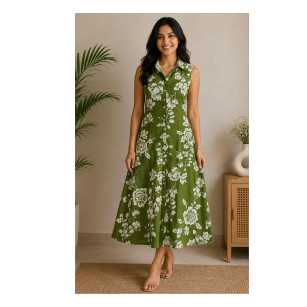 Women’s Olive Green Floral Printed Sleeveless Midi Dress | Elegant Summer Wear
