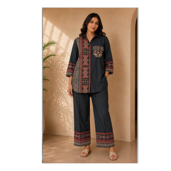 Women's Black Printed Cotton Co-Ord Set with Shirt & Wide-Leg Pants | Premium Casual Ethnic Wear
