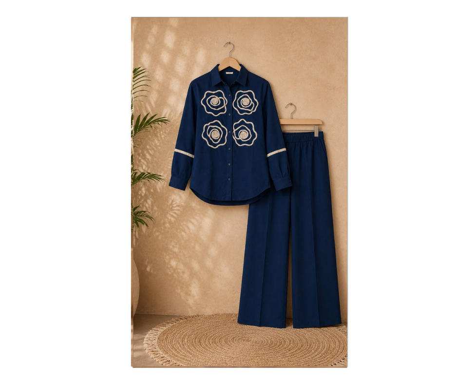 Women's Navy Blue Floral Printed Cotton Co-Ord Set | Premium Shirt & Wide-Leg Pant Set - Image 3