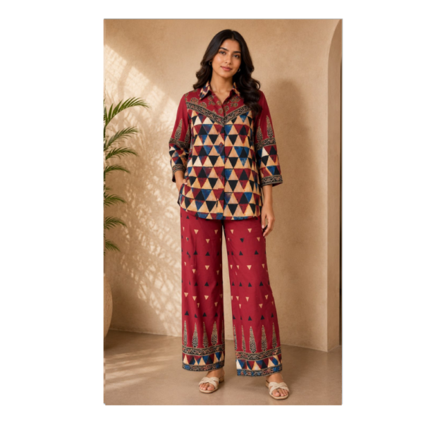 Women's Maroon Geometric Printed Cotton Co-Ord Set |