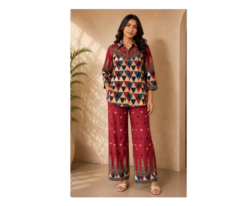 Women's Maroon Geometric Printed Cotton Co-Ord Set |