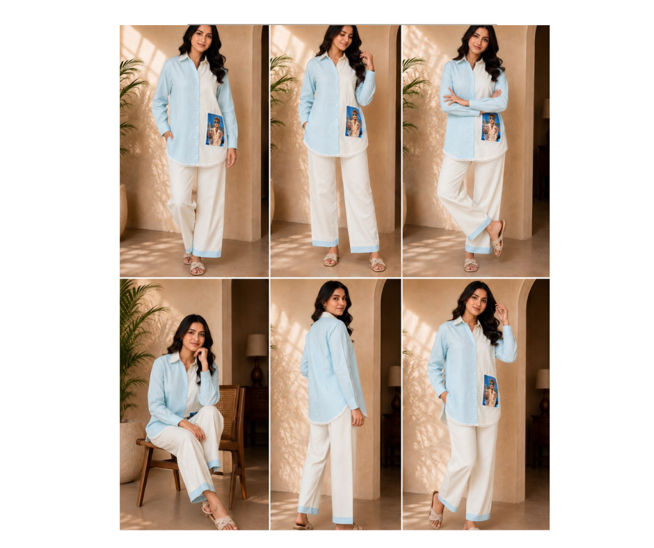 Women's Sky Blue & White Cotton Co-Ord Set | Premium Color Block Shirt & Straight Pant Set - Image 3