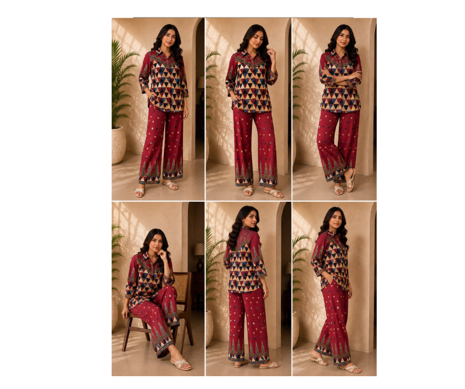 Women's Maroon Geometric Printed Cotton Co-Ord Set | - Image 3