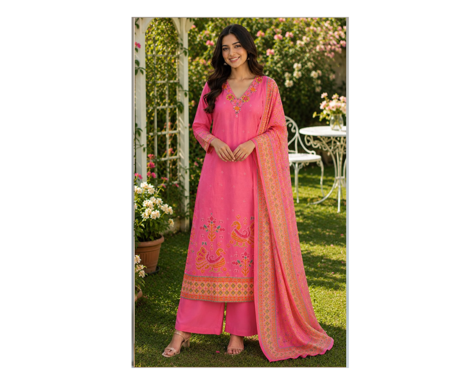Women's Pink Chanderi Silk Embroidered Suit Set with Printed Dupatta | Premium Ethnic Wear - Image 2