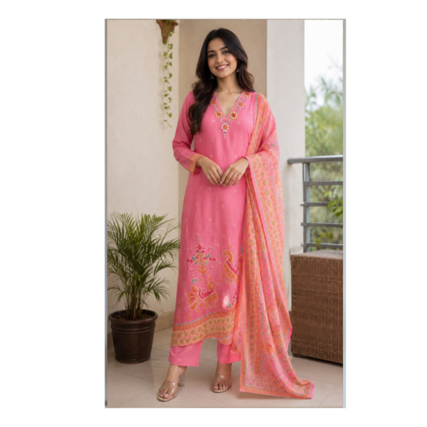 Women's Pink Chanderi Silk Embroidered Suit Set with Printed Dupatta | Premium Ethnic Wear