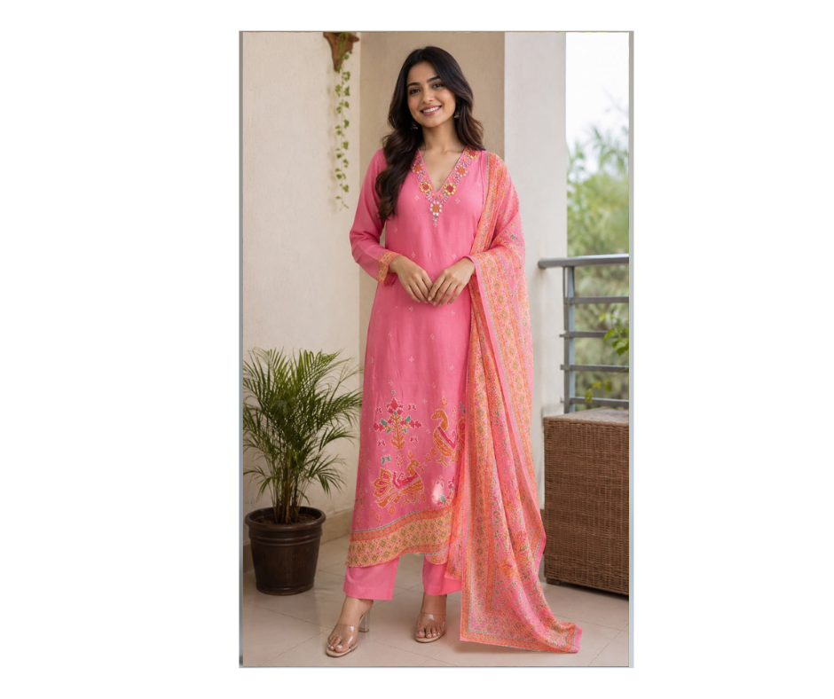 Women's Pink Chanderi Silk Embroidered Suit Set with Printed Dupatta | Premium Ethnic Wear