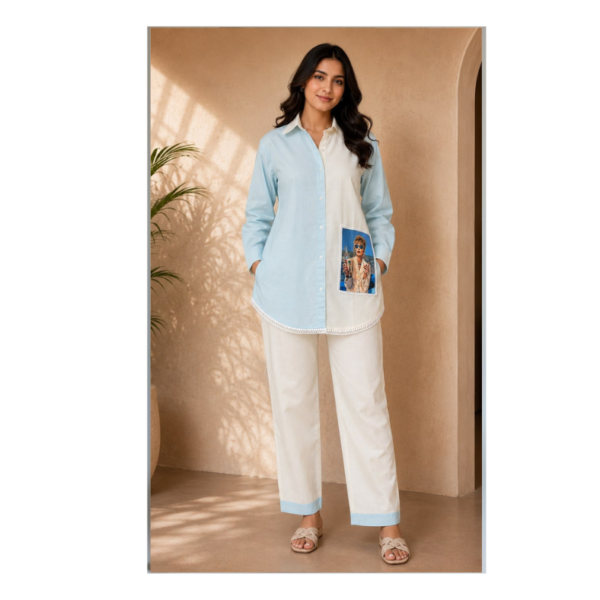 Women's Sky Blue & White Cotton Co-Ord Set | Premium Color Block Shirt & Straight Pant Set