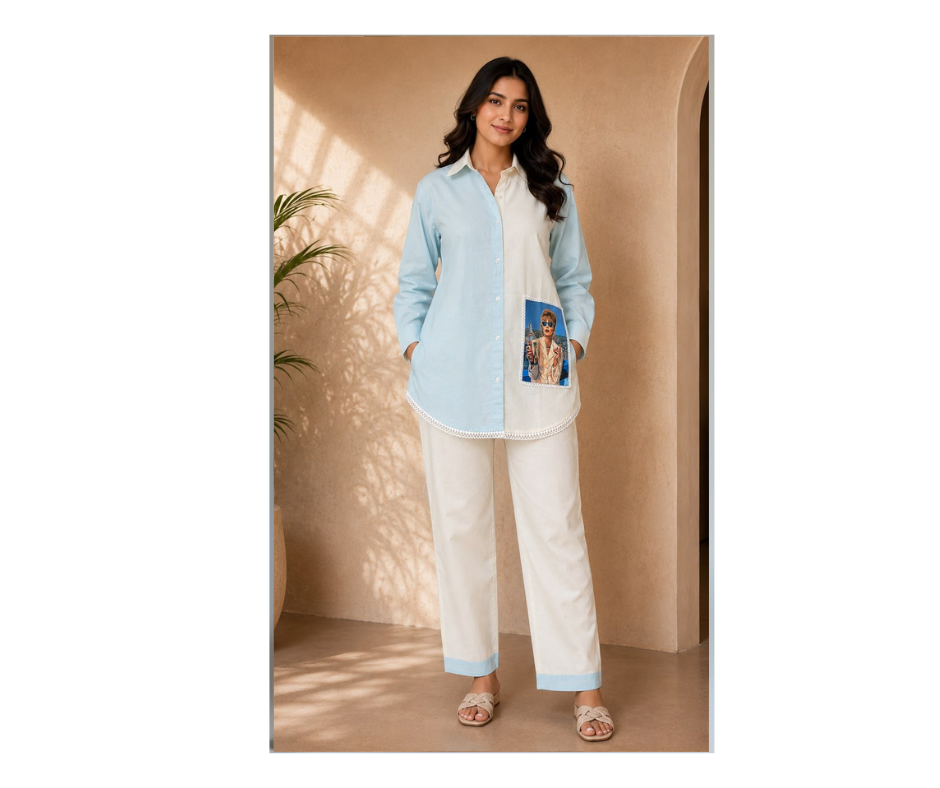 Women's Sky Blue & White Cotton Co-Ord Set | Premium Color Block Shirt & Straight Pant Set