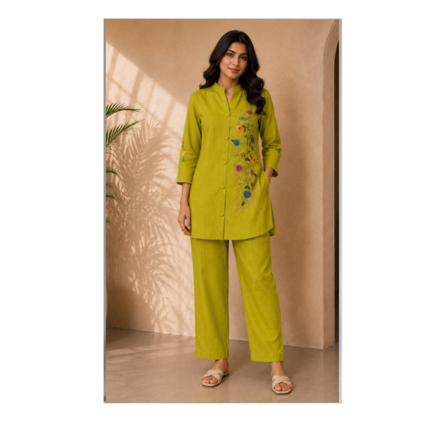Women's Lime Green Floral Embroidered Cotton Co-Ord Set | Premium Kurta & Straight Pant Set