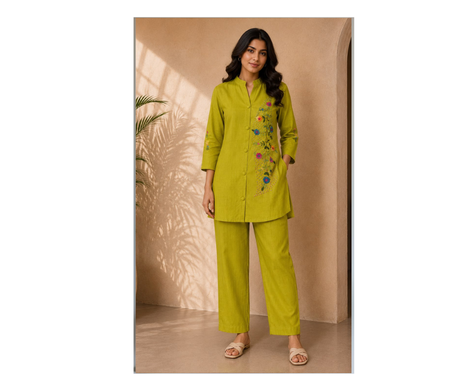 Women's Lime Green Floral Embroidered Cotton Co-Ord Set | Premium Kurta & Straight Pant Set