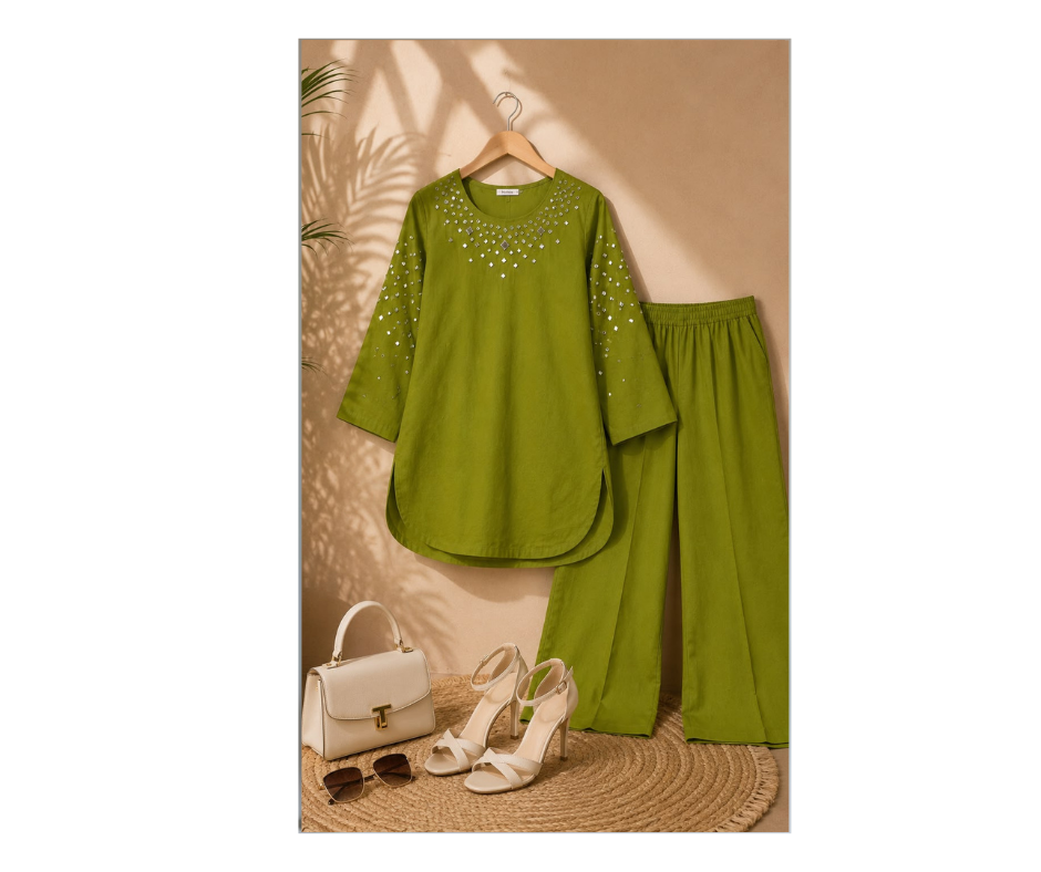 Women's Olive Green Embellished Cotton Co-Ord Set | Premium Kurta & Straight Pant Set - Image 3