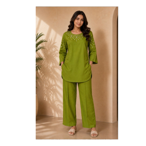 Women's Olive Green Embellished Cotton Co-Ord Set | Premium Kurta & Straight Pant Set
