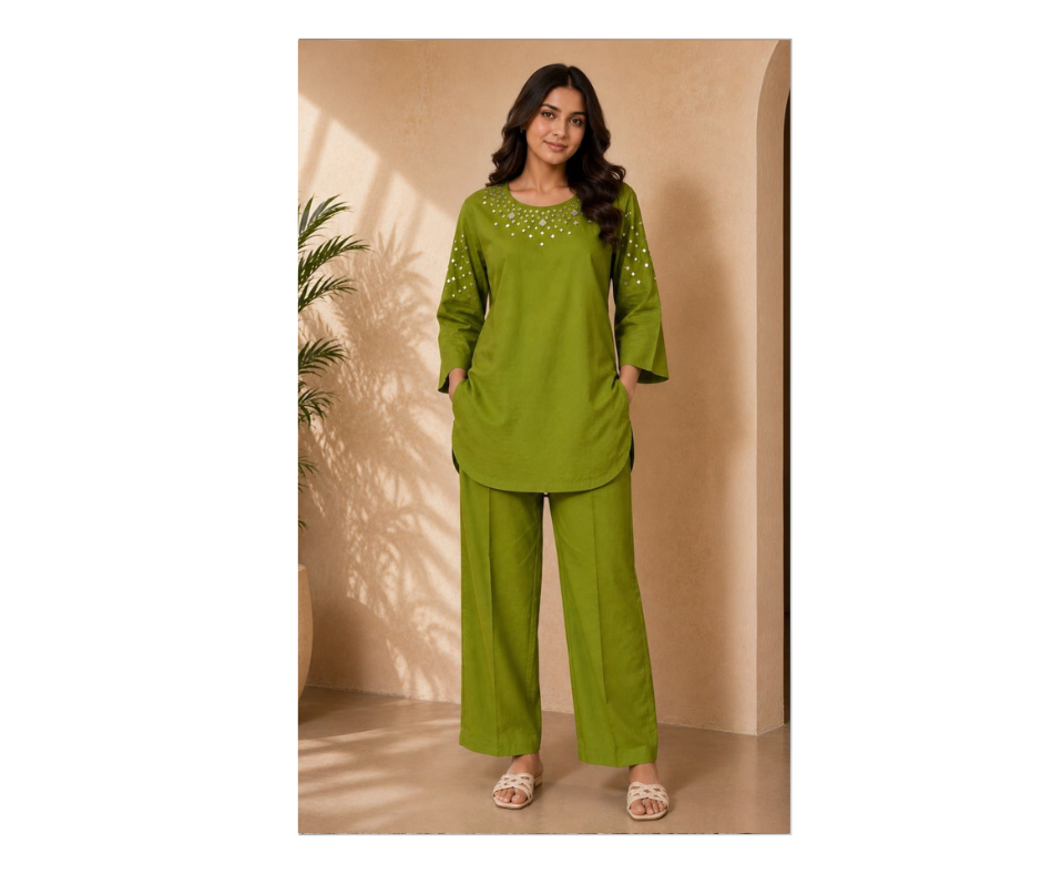 Women's Olive Green Embellished Cotton Co-Ord Set | Premium Kurta & Straight Pant Set