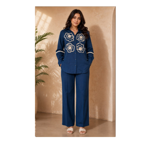 Women's Navy Blue Floral Printed Cotton Co-Ord Set | Premium Shirt & Wide-Leg Pant Set
