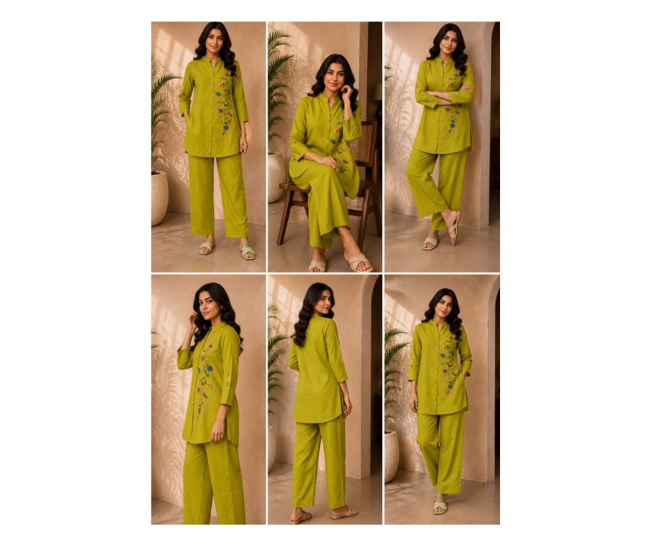 Women's Lime Green Floral Embroidered Cotton Co-Ord Set | Premium Kurta & Straight Pant Set - Image 3