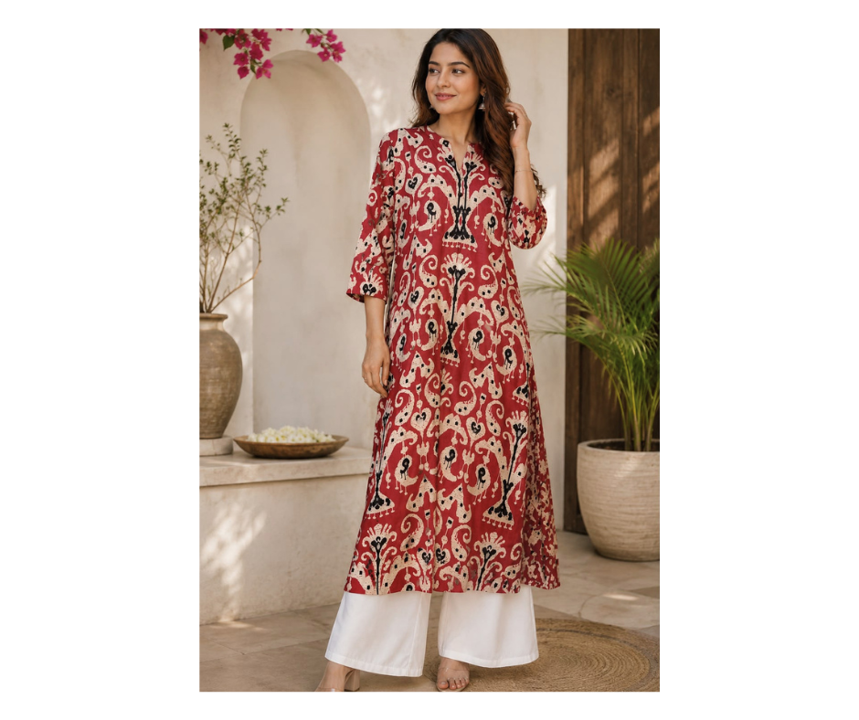 Women's Maroon Printed Cotton Kurti | Premium A-Line Ethnic Kurti