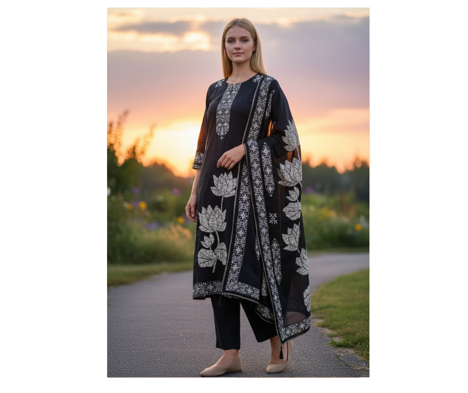 Women's Black Floral Printed Crepe Suit with Dupatta - Image 5