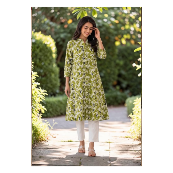 Women's Olive Green Printed Cotton Kurti | Premium A-Line Ethnic Kurti
