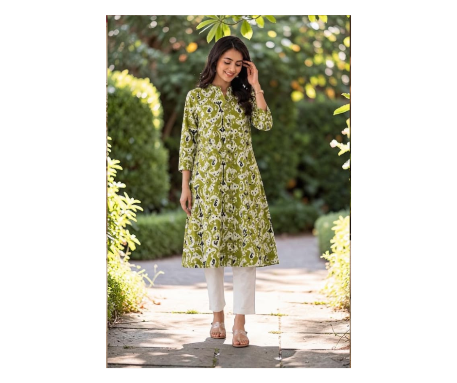 Women's Olive Green Printed Cotton Kurti | Premium A-Line Ethnic Kurti