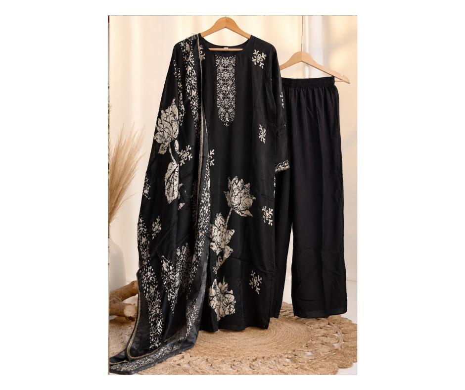 Women's Black Floral Printed Crepe Suit with Dupatta - Image 3