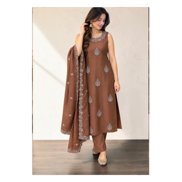 Women’s Brown Embroidered Kurta Pant Set with Dupatta