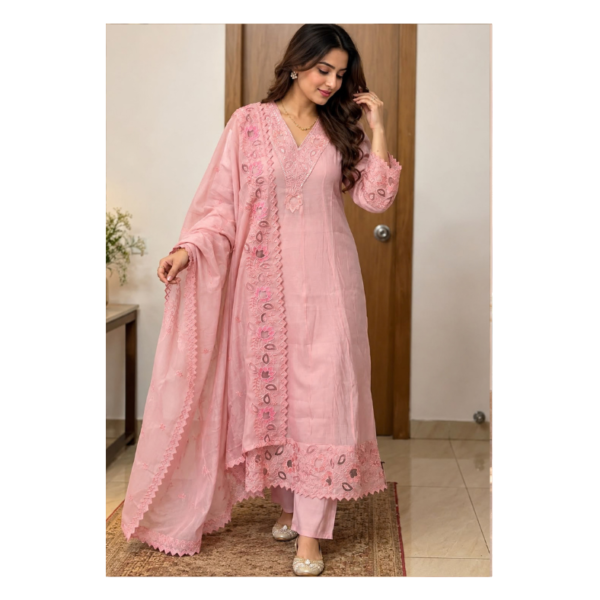 Women’s Pink Embroidered Kurta Pant Set with Dupatta