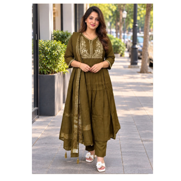 Women’s Olive Green Embroidered Kurta Pant Set with Dupatta