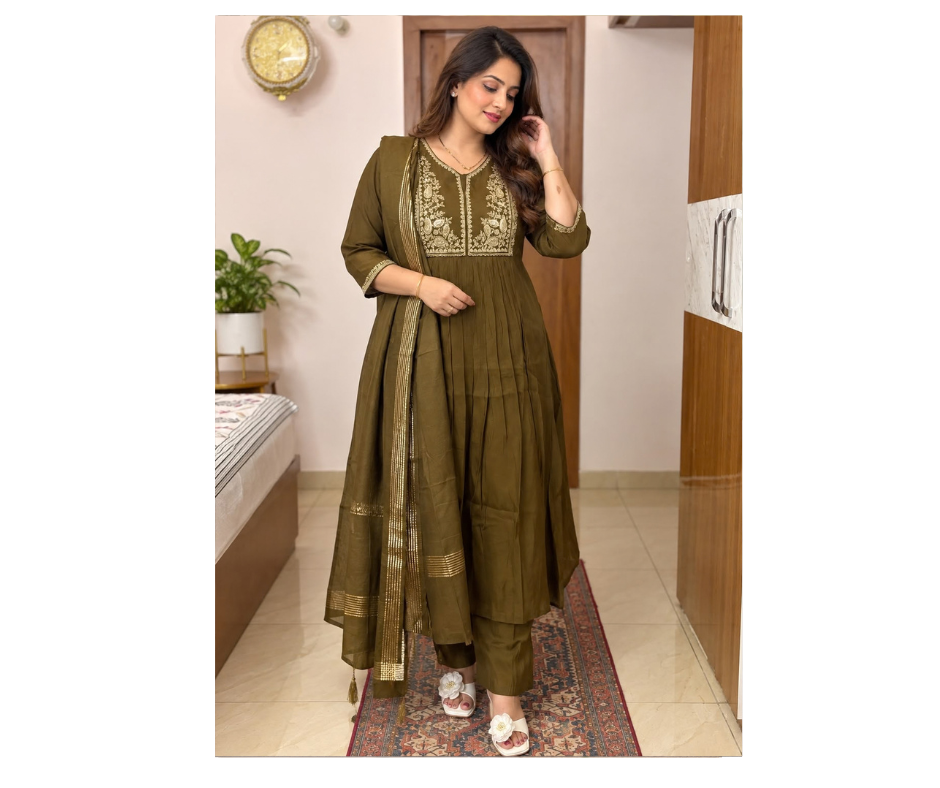 Women’s Olive Green Embroidered Kurta Pant Set with Dupatta - Image 3