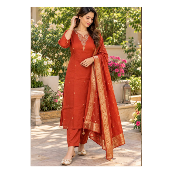 Women’s Rust Orange Embroidered Kurta Pant Set with Dupatta