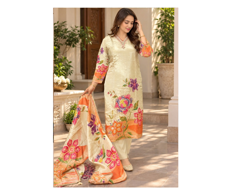 Women’s Light Beige Floral Print Kurta Pant Set with Dupatta - Image 3