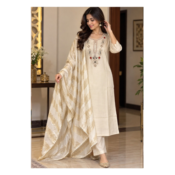 Women’s Ivory Embroidered Kurta Pant Set with Dupatta