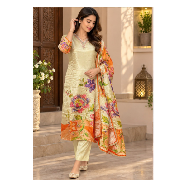 Women’s Light Beige Floral Print Kurta Pant Set with Dupatta